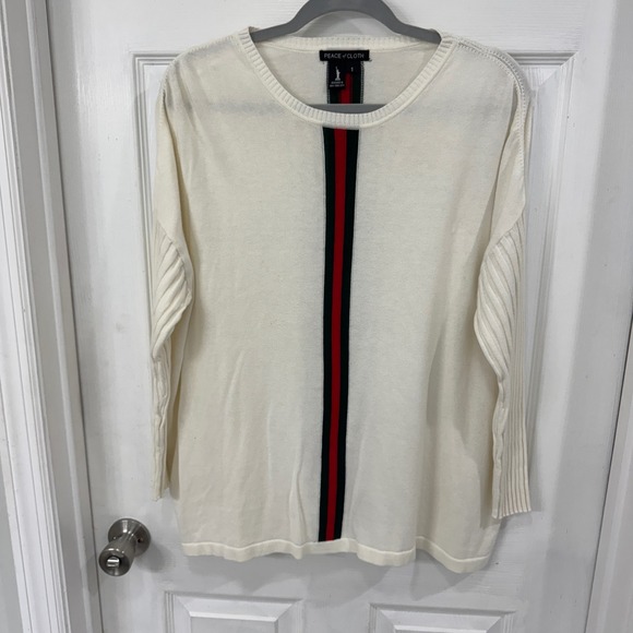 Peace of Cloth Sweaters - PEACE of CLOTH Cream Ribbed Sleeve Stripe Detail Crew Neck Sweater Top Size 1